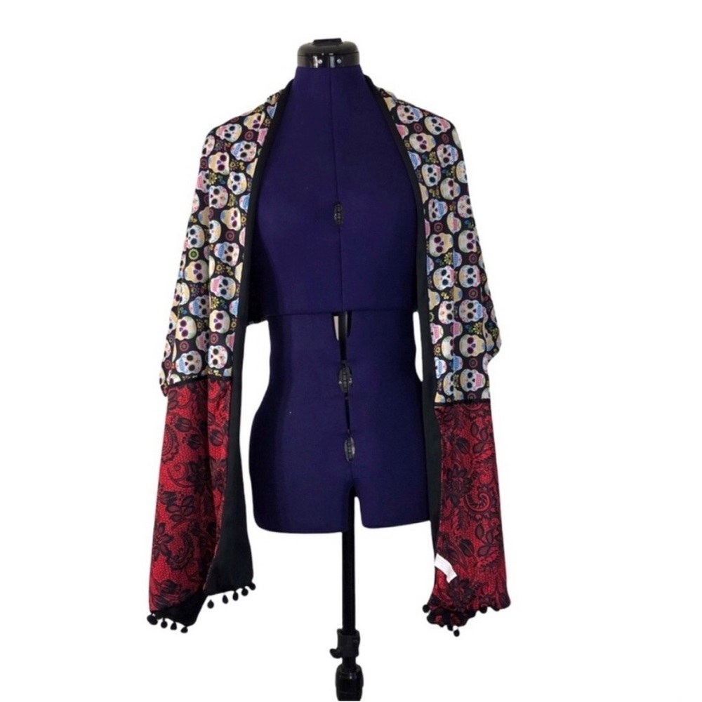 White Black Sugar Skull Colorful Pom Scarf